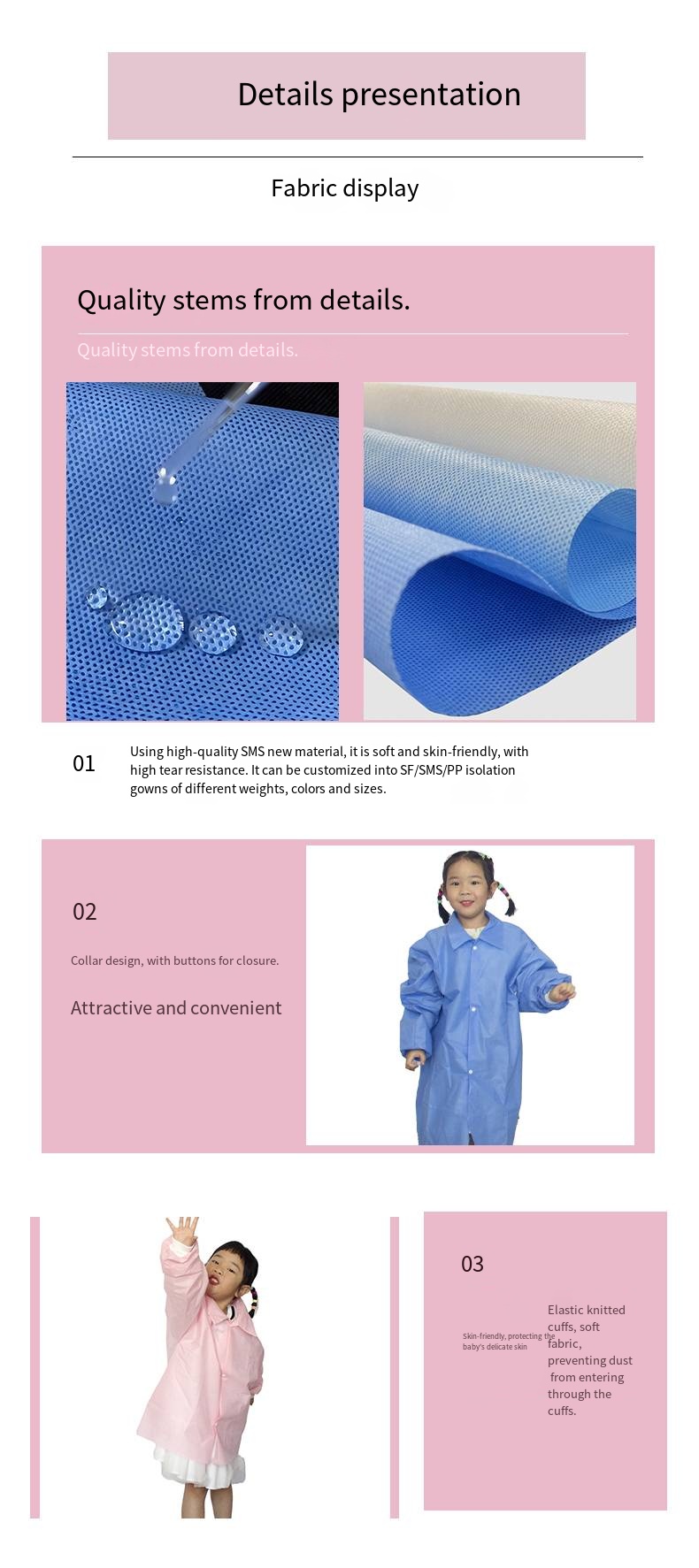 Kid disposable Lab coat SMS White blue pink Breathable-Xiantao Zhikang Protective Products Co., Ltd.