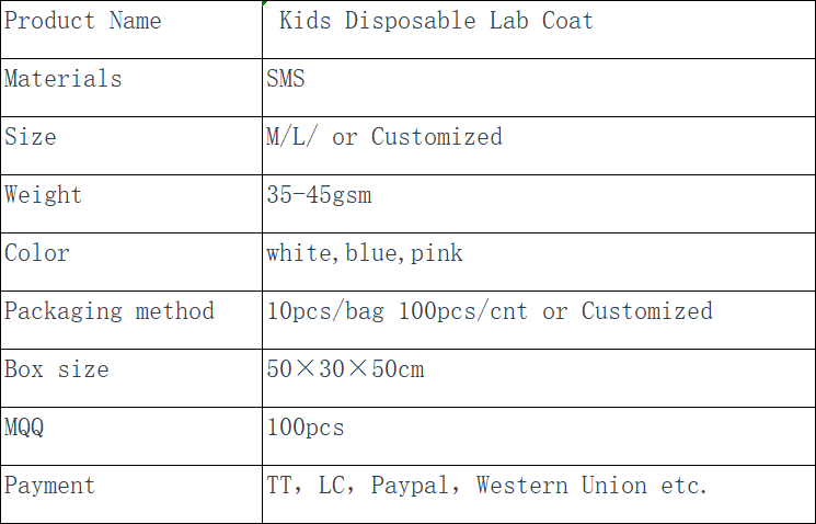 Kid disposable Lab coat SMS White blue pink Breathable-Xiantao Zhikang Protective Products Co., Ltd.